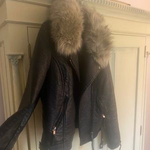 Topshop moto jacket with faux fur